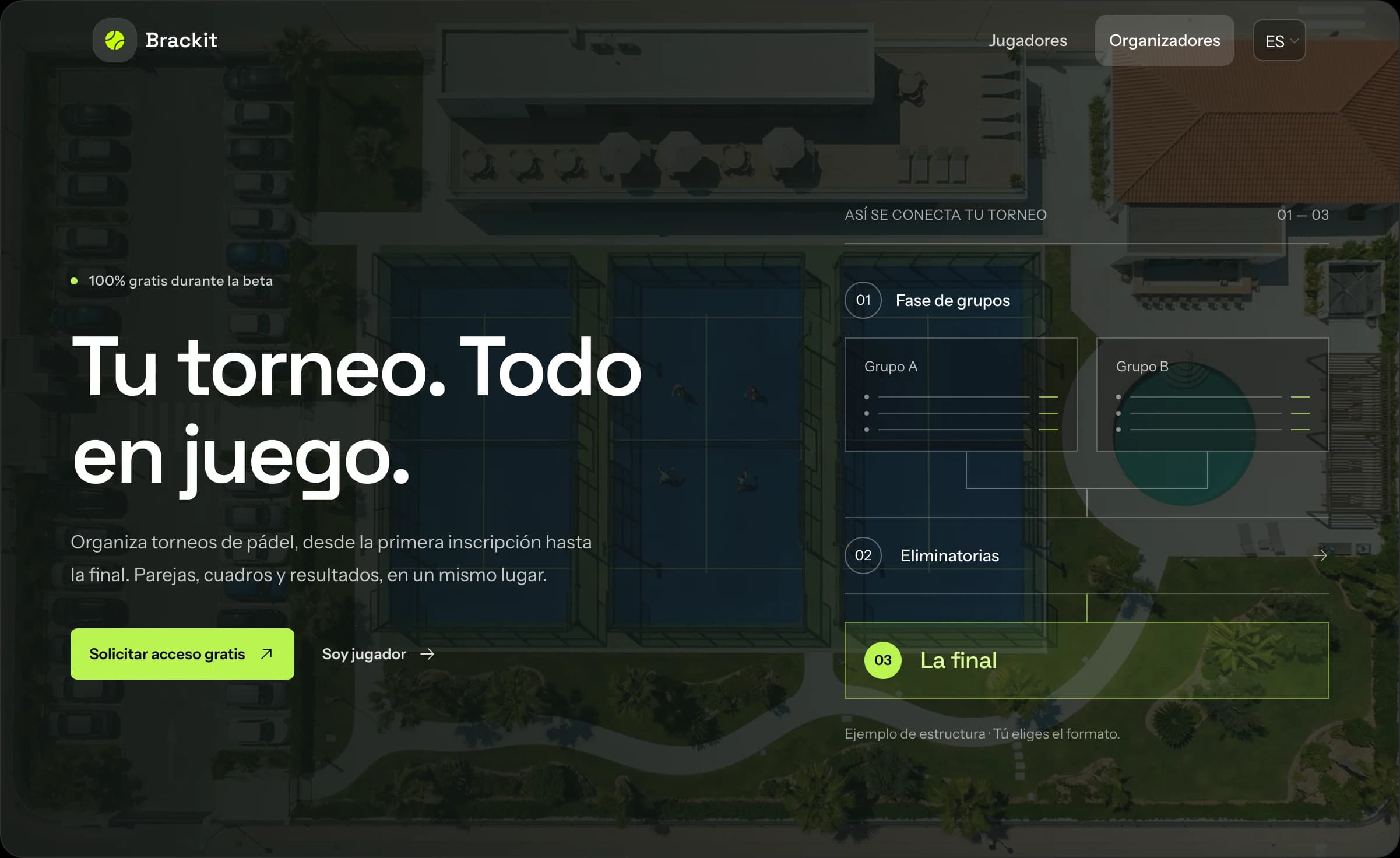 PlayBrackit's tournament landing page with a preview of its management dashboard.