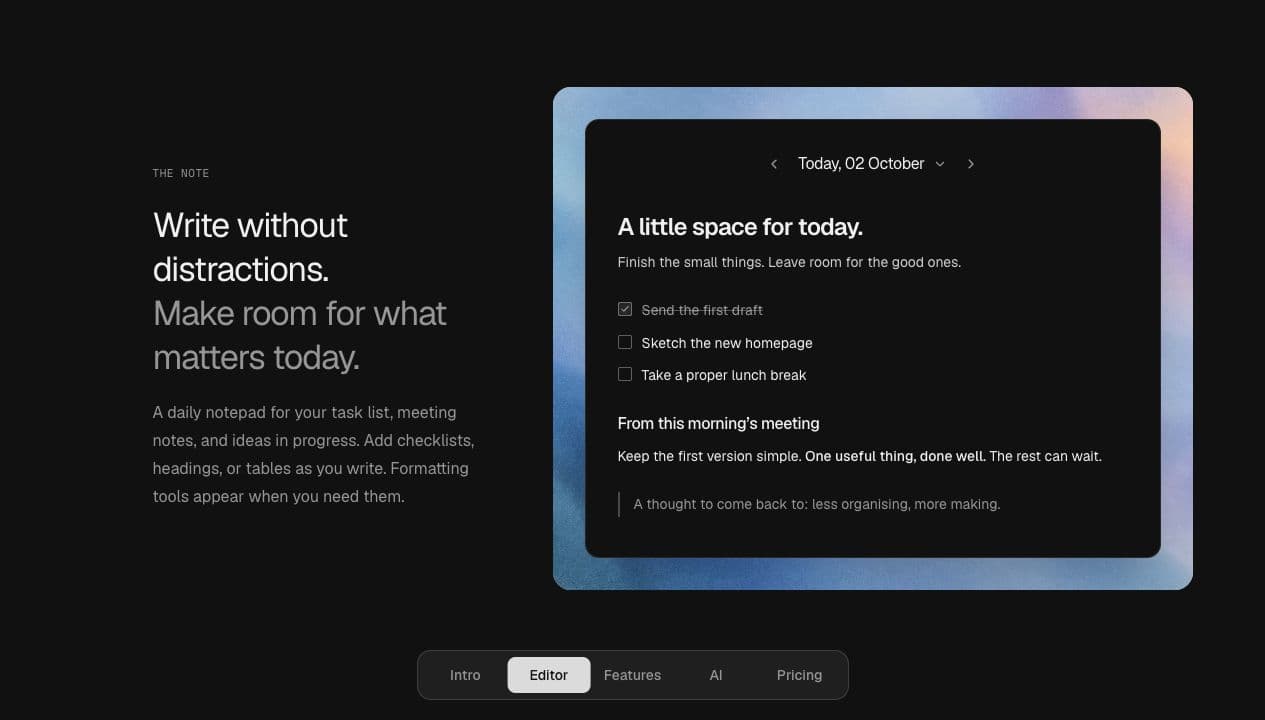 Folio's landing page showing the writing section and a sample daily note framed by a blue and pink background.